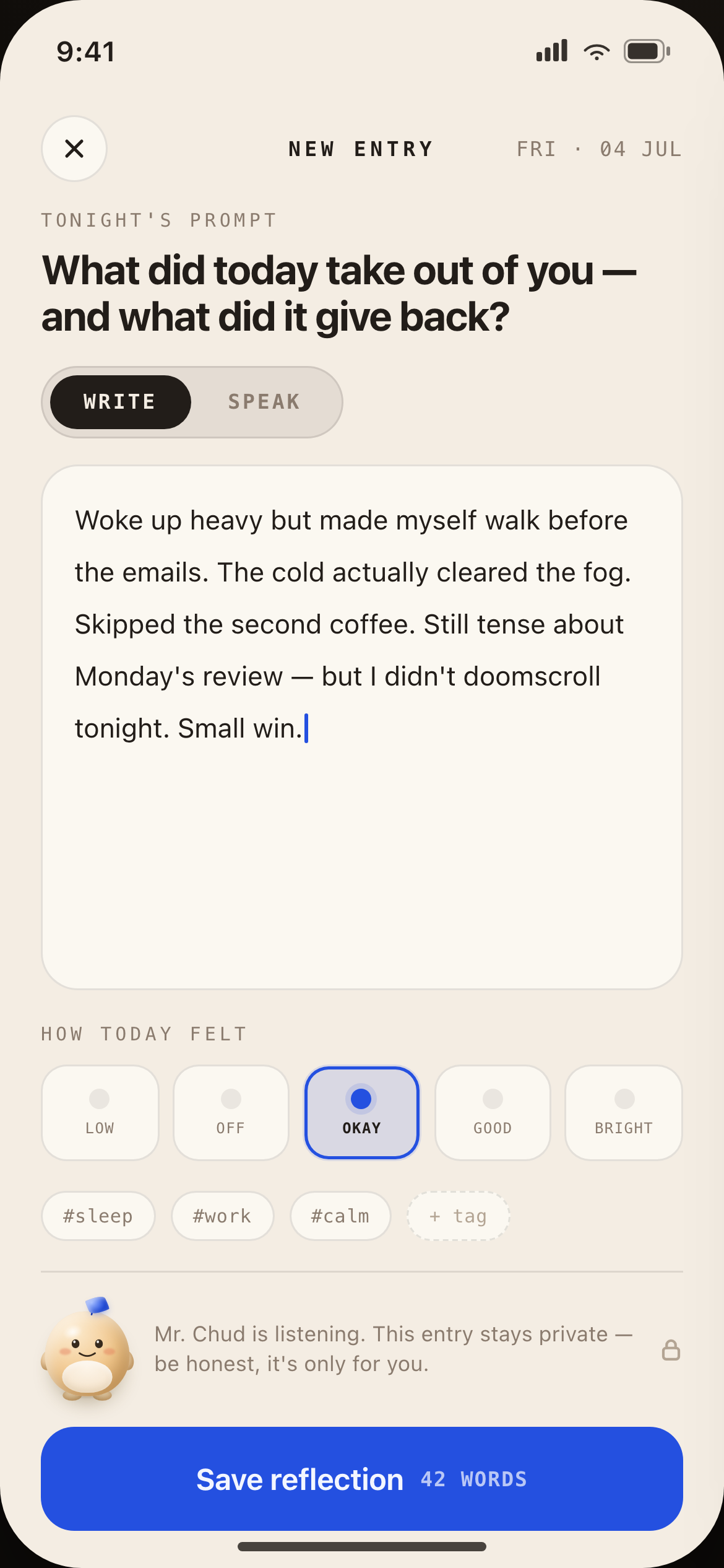 New entry screen with tonight's prompt, a written reflection, mood selector set to okay, and a Save reflection button