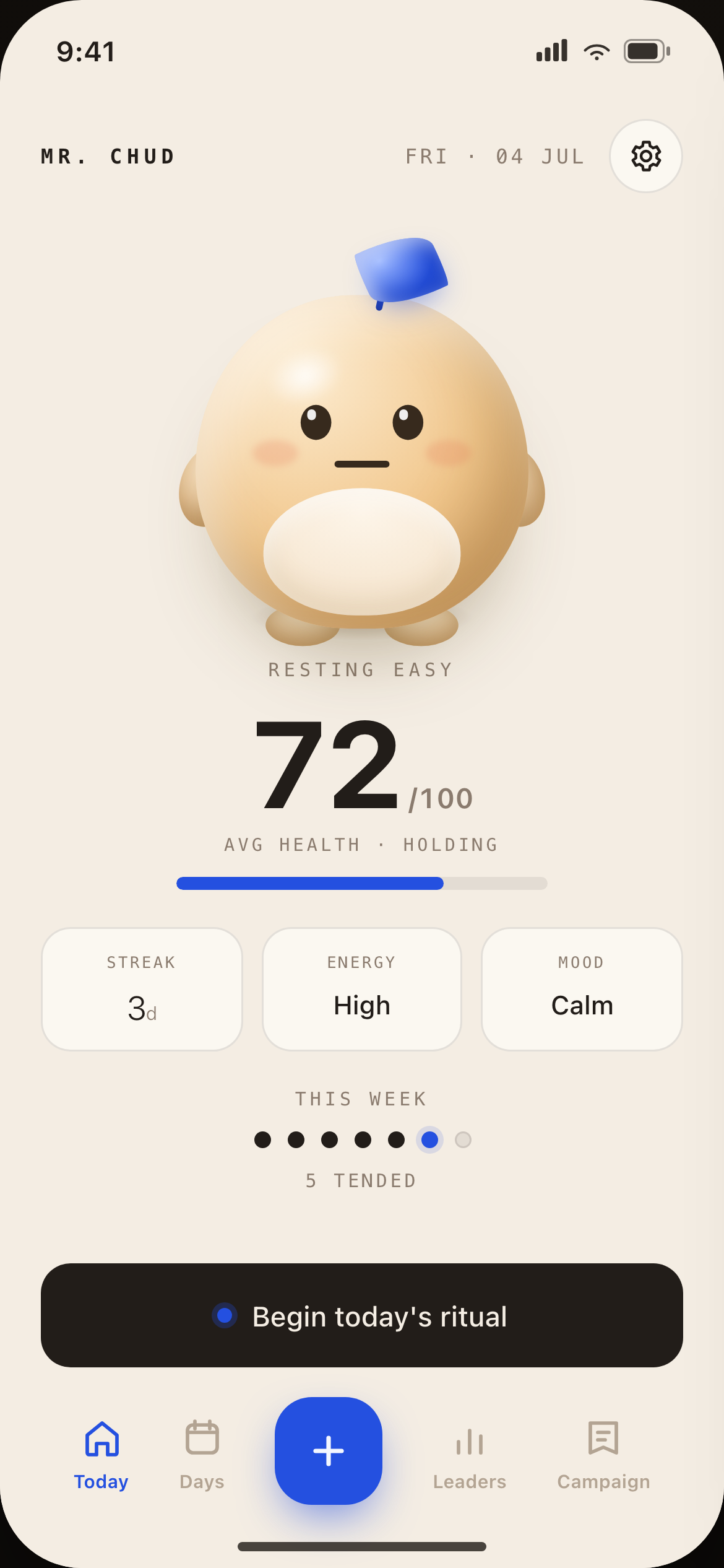 Home screen showing the mascot's condition driven by a 72 out of 100 rolling average health