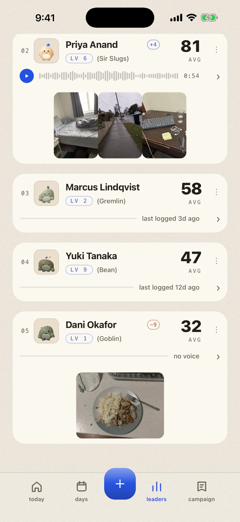 The friends leaderboard scrolled to the lower cards: Priya Anand second at 81 average with a 54 second voice note above three photos of her day, then Marcus Lindqvist third at 58 and Yuki Tanaka fourth at 47, each with a rule reading last logged three and twelve days ago, and Dani Okafor fifth at 32 with no voice. Every card ends in a chevron that opens that friend's history