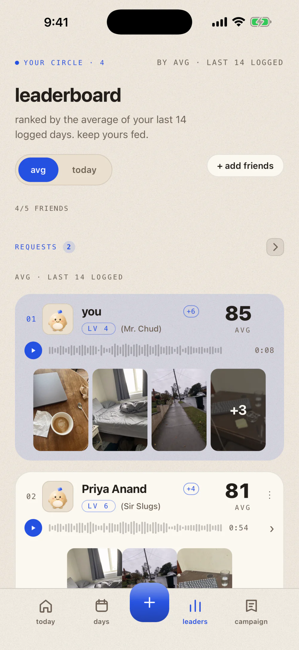 Leaderboard ranked on each friend's 14 day average: an average and today toggle, four of five friends, then you in first at 85 average with an eight second voice note and four of your day's photos butted edge to edge with a plus three overflow tile, and Priya Anand second at 81 with a 54 second note of her own